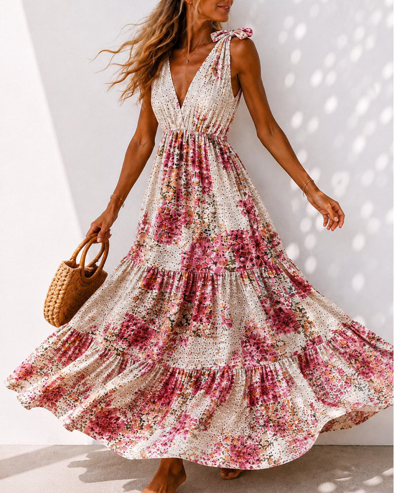 Robe Florale Attache Col V Superposée