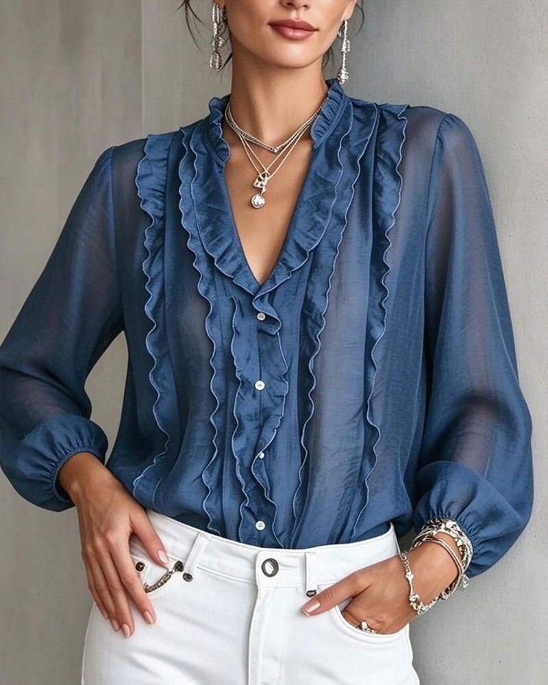 Blouse Col V Bouton Volant