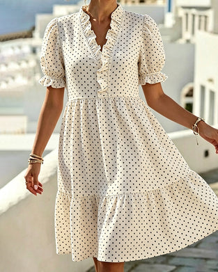 Robe Col V Dentelle Garniture Polka Dot