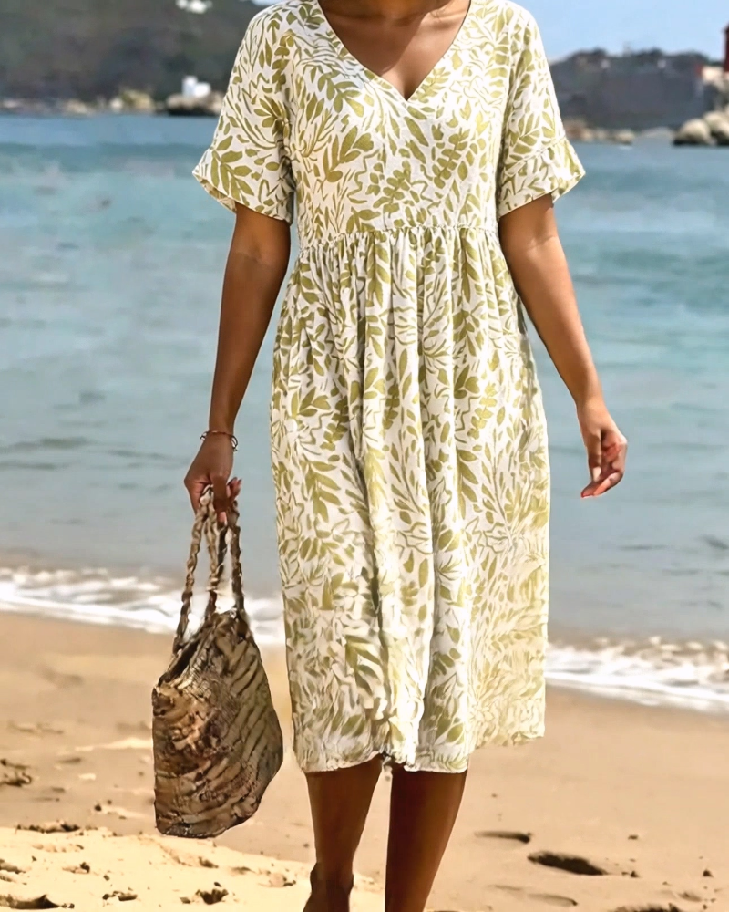 Robe Vert Feuille Imprimé Col V