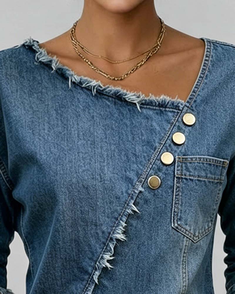Blouse Jean Col Penché Manches Longues