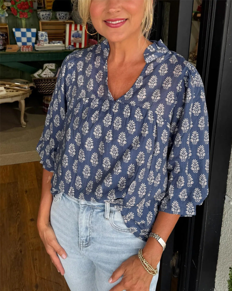 Blouse Manches Trois-Quarts Imprimée Décontractée