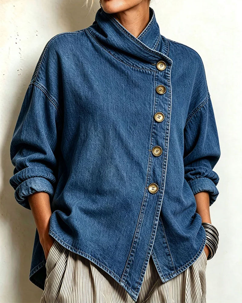 Manteau Bouton Diagonal Col Montant Denim