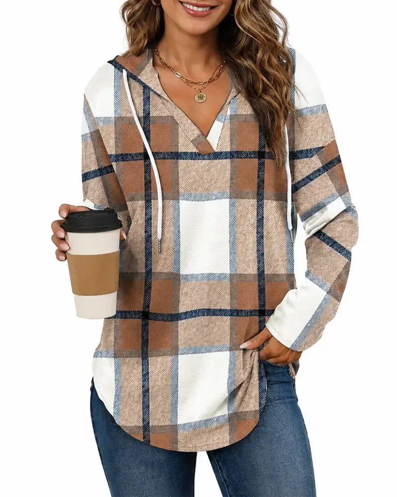 Blouse À Carreaux Capuche Cordon De Serrage