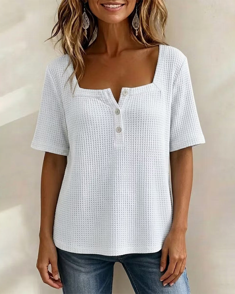 T-Shirt Col Carré Bouton Gaufré