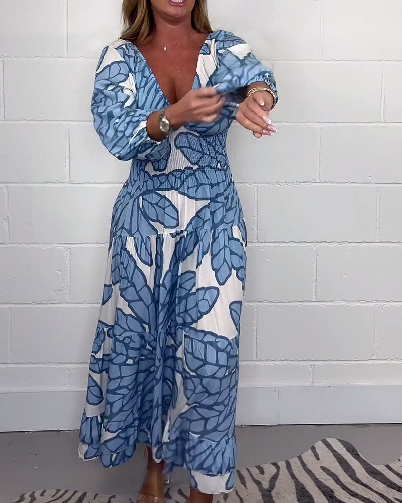 Robe longue à taille imprimée et col en V pour femmes