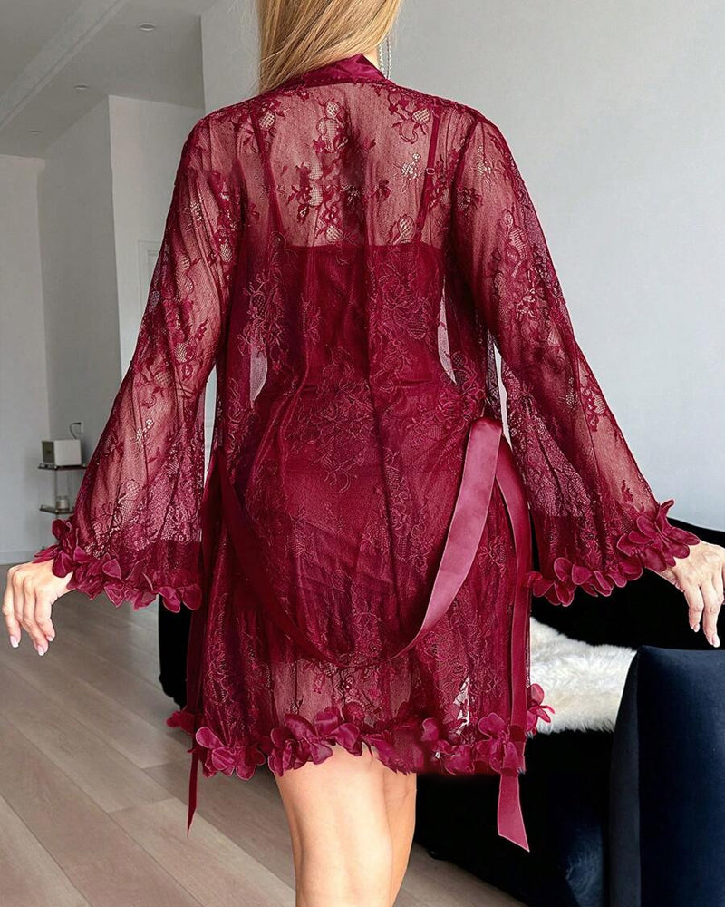 Robe Dentelle Cache-Cœur Bretelles Spaghetti Bordure Dentelle Pyjama