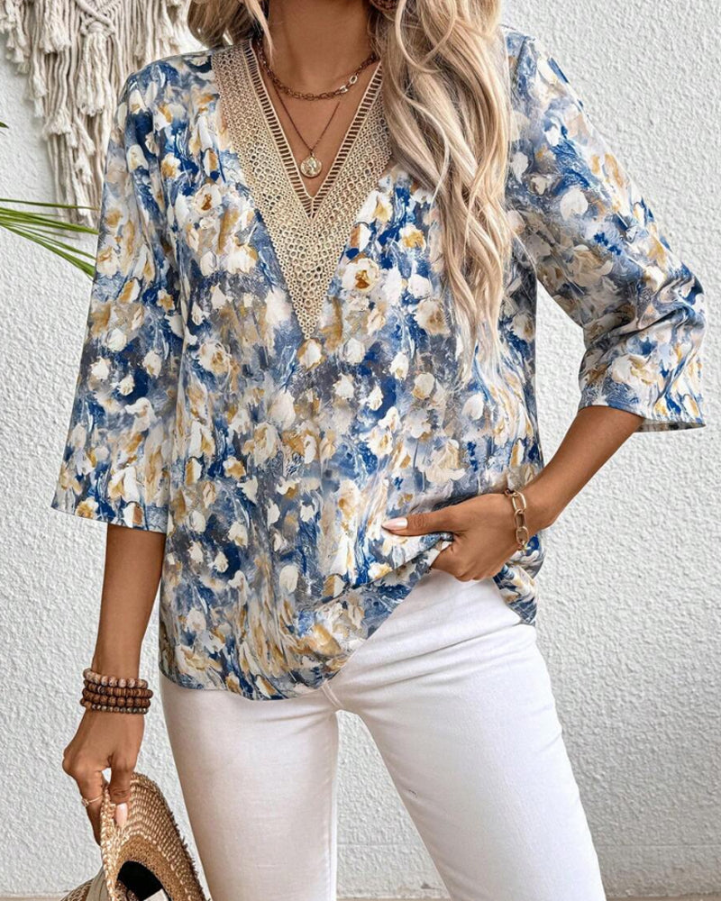 Blouse Col En V Manches Trois-Quarts Imprimé Fleuri