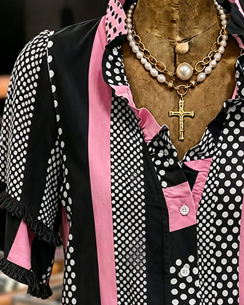 Chemise Pois Contraste Patchwork Volant