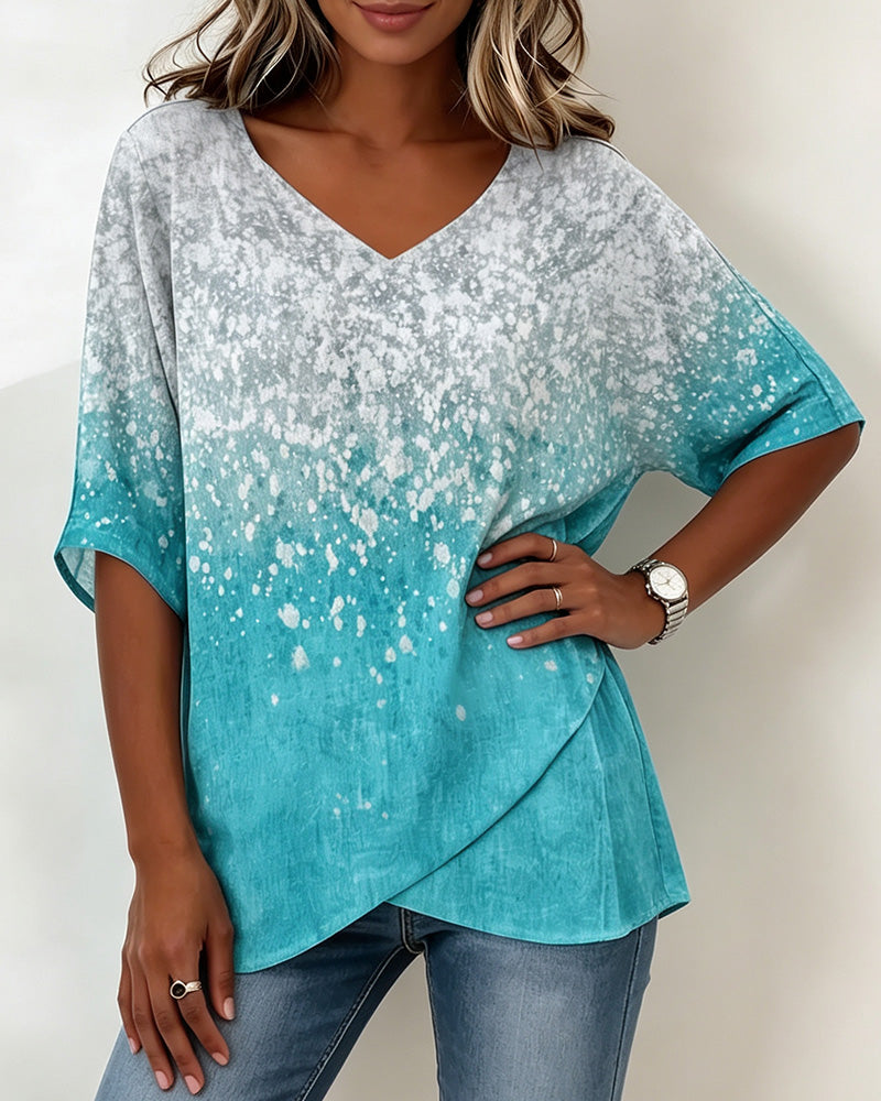 T-Shirt Col V Flocon De Neige Dégradé Ourlet Irrégulier