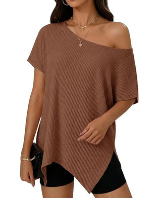 T-Shirt Irrégulier Off-Shoulder Manche Courte Côtelé
