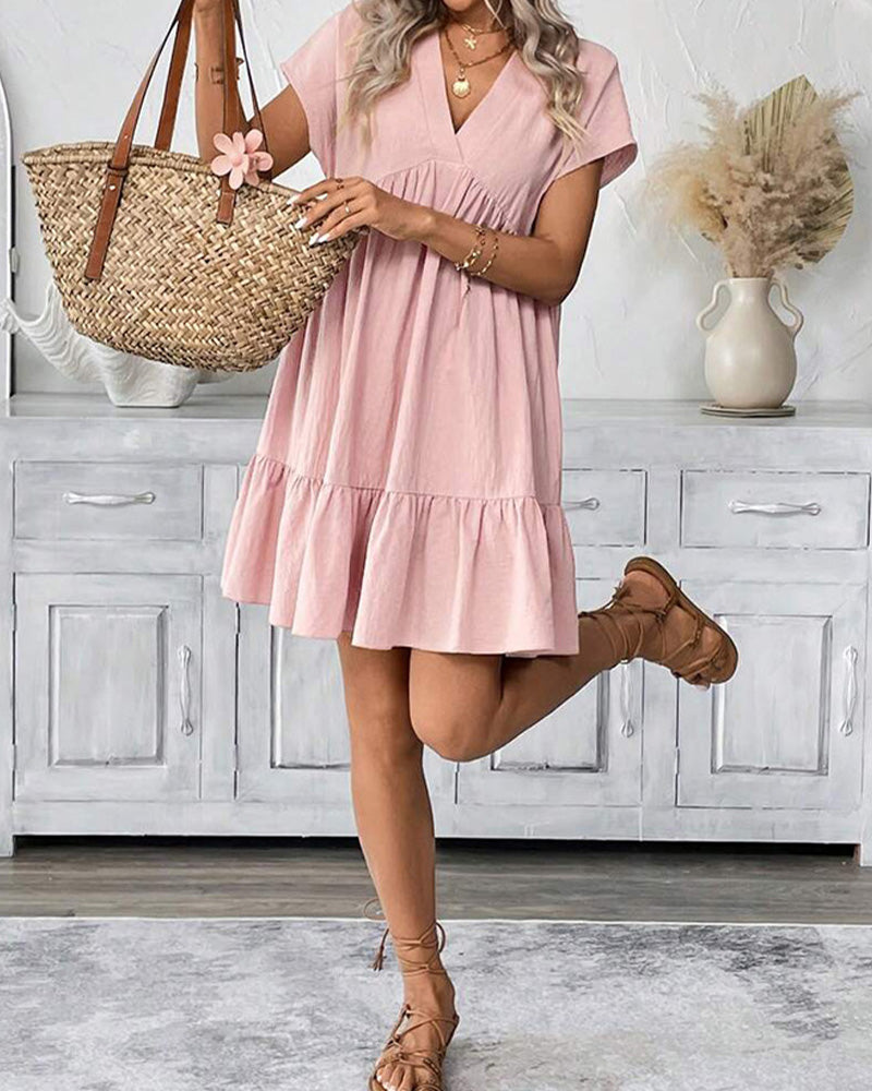 Robe Unie Col-V Volant-Garni