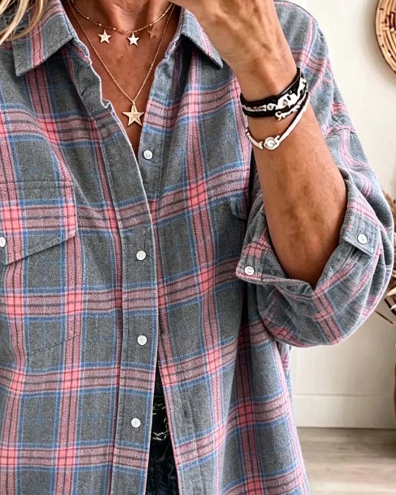 Chemise Poche À Carreaux Manches Longues Lâche