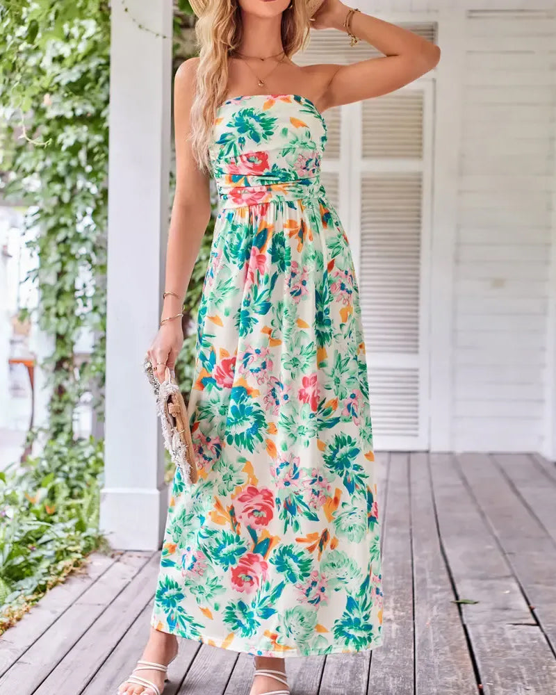 Robe Florale Sans Bretelles Taille A-Ligne
