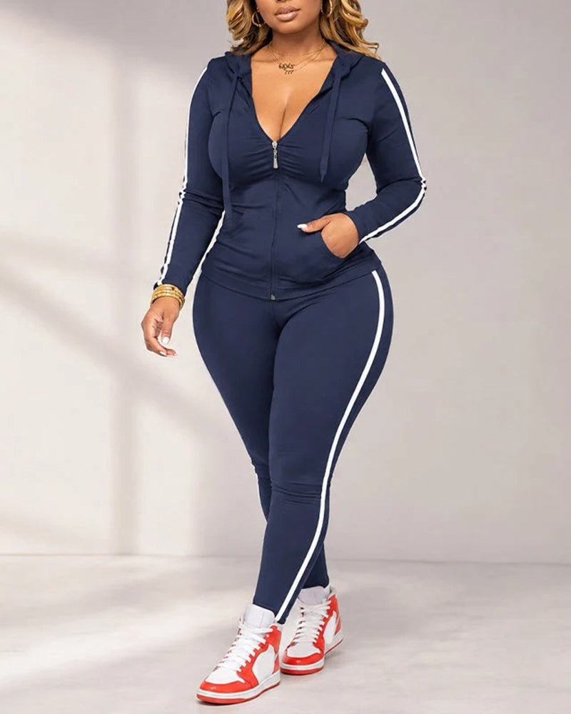 Ensemble Rayé Sur Le Côté À Capuche Manteau Et Pantalon De Jogging