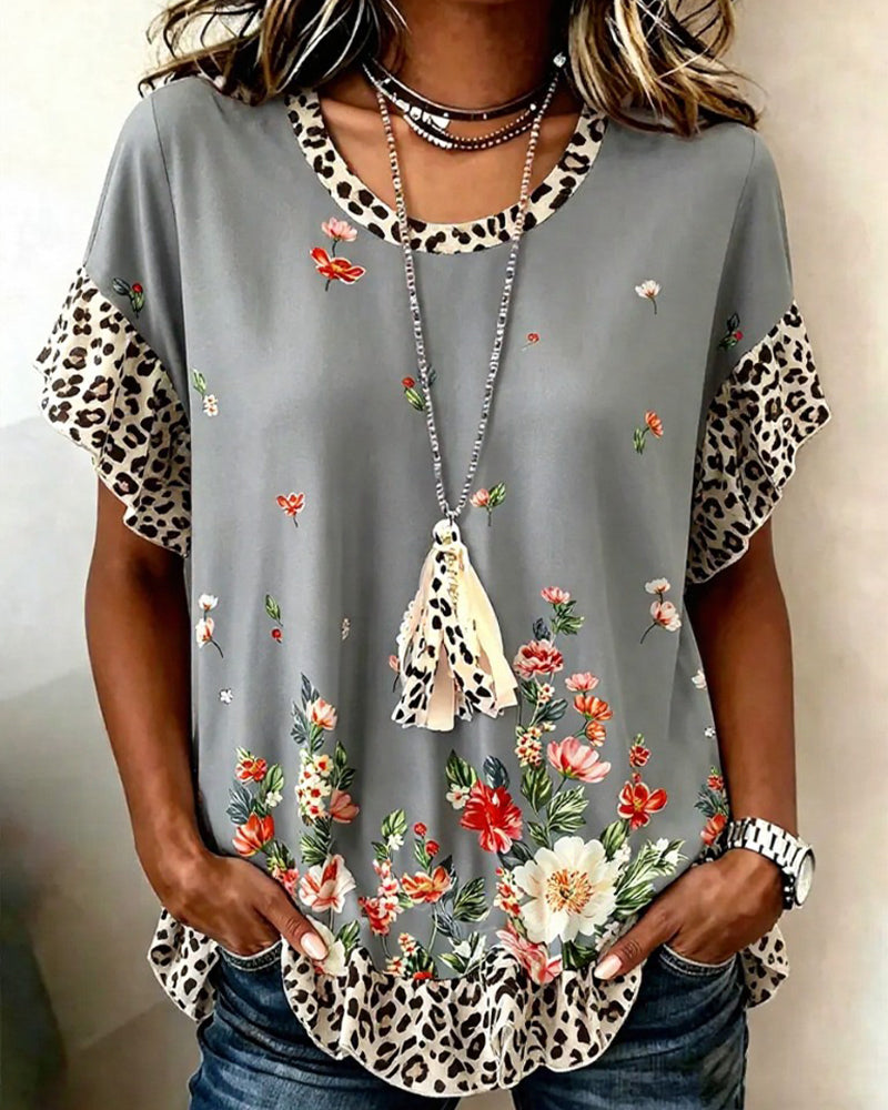 T-Shirt Léopard Patchwork Imprimé Floral