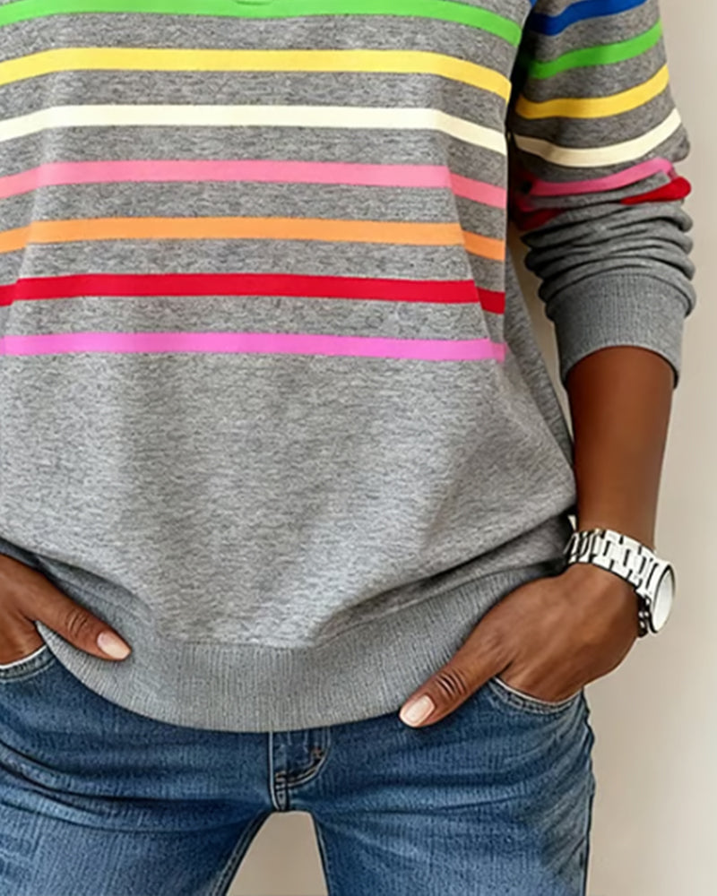 Sweat À Col Zippé À Moitié Avec Rayures Arc-En-Ciel Tendance