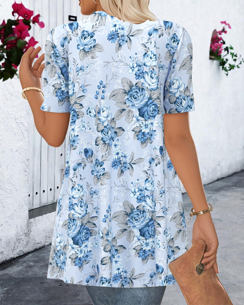 Blouse Imprimée Asymétrique Manches Courtes