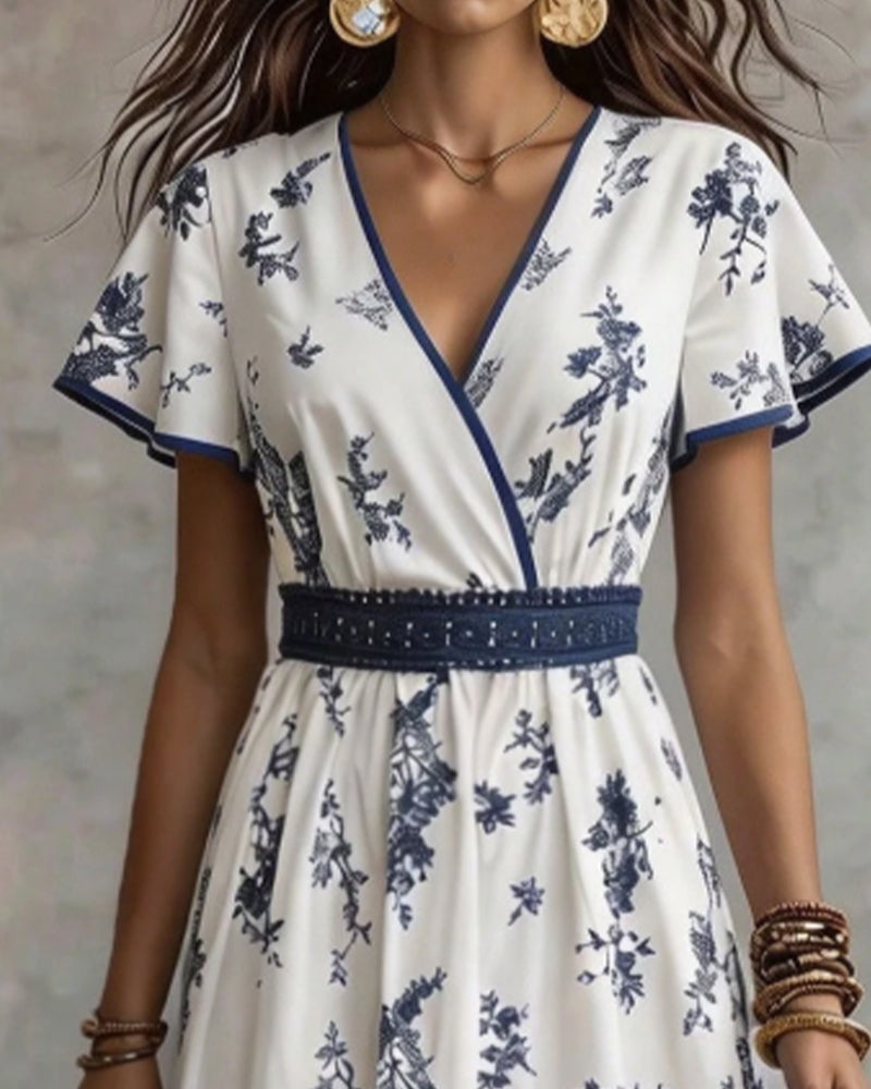 Robe Col V Taille Cintrée Florale Maxi