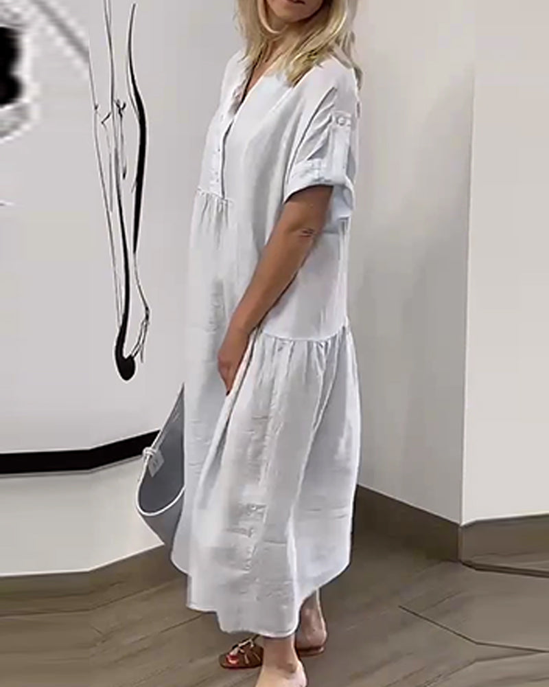 Robe Col V Bouton Plissé Jupe Large