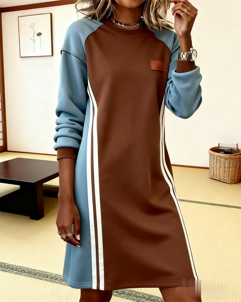 Robe Manches Longues Panachage Col Rond Droit