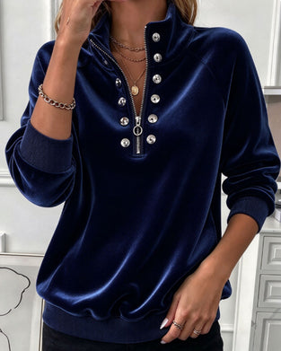 Sweat Col Roulé Fermeture Éclair Bouton Manche Longue