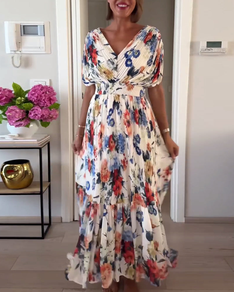 Robe élégante plissée à imprimé floral coloré