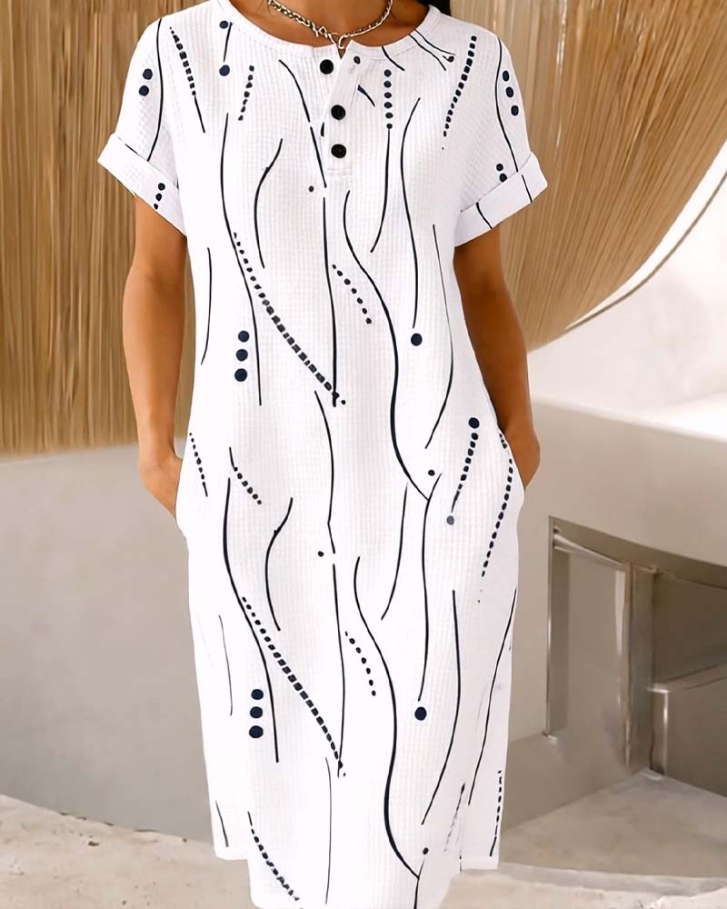 Robe Col Rond Bouton Ligne Gaufré