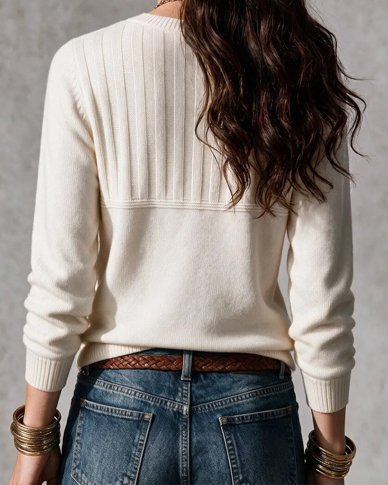 Pullover Col Rond Rayure Bouton Devant Unie Tricoté