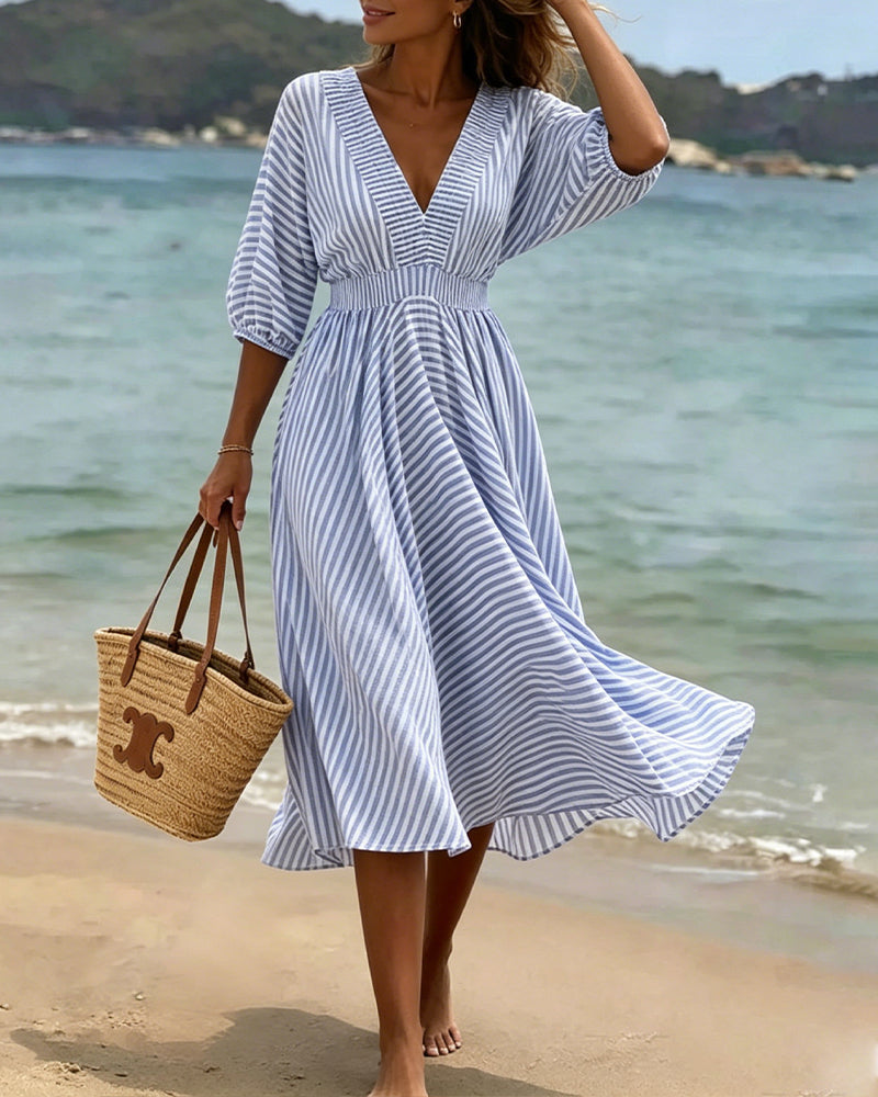 Robe Coupe A Rayée Manches Mi-Longues