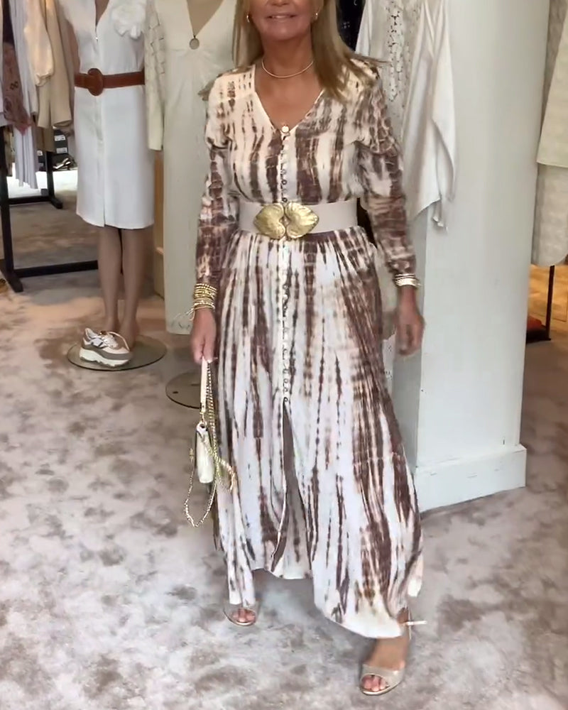 Robe imprimée taille fendue, manches longues et col en V