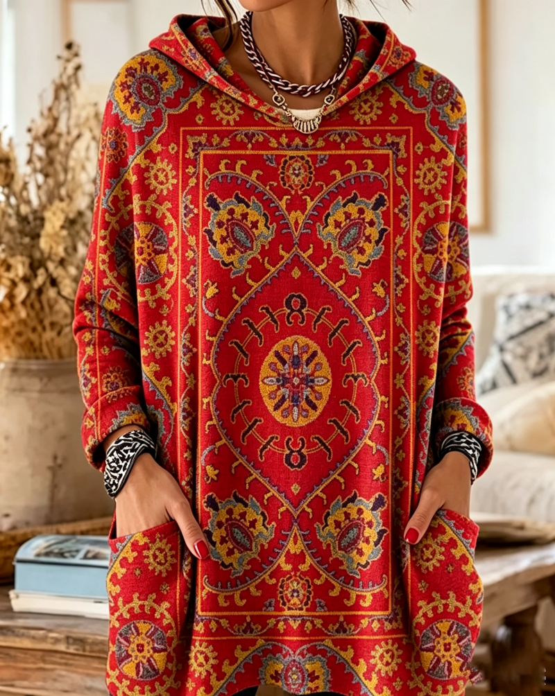 Hoodie Imprimé Bohémien Capuche Longue Ligne