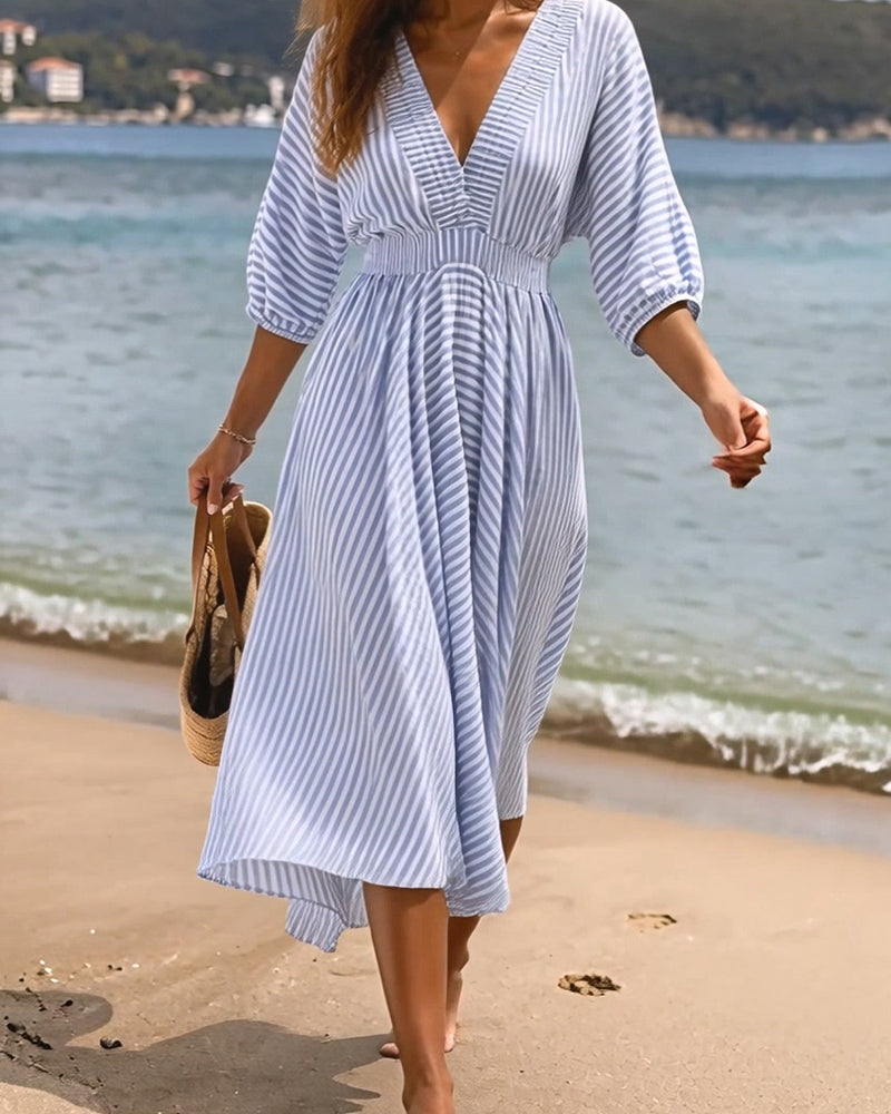 Robe Coupe A Rayée Manches Mi-Longues