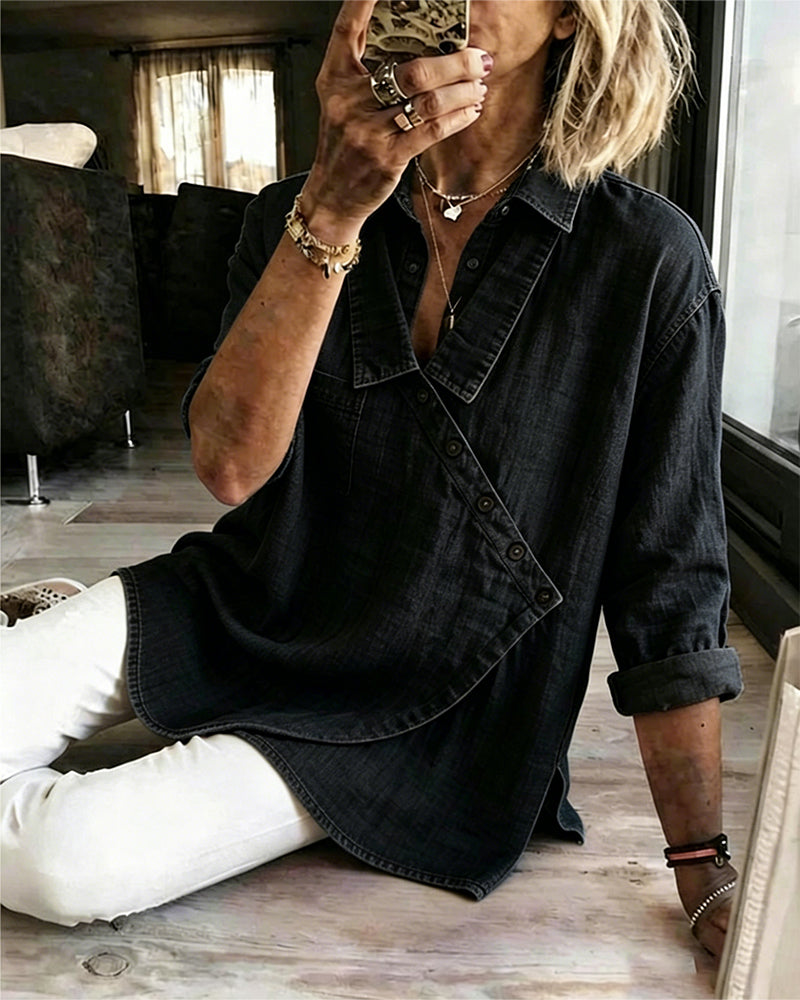 Blouse Unie Bouton Diagonal Col Manches Longues
