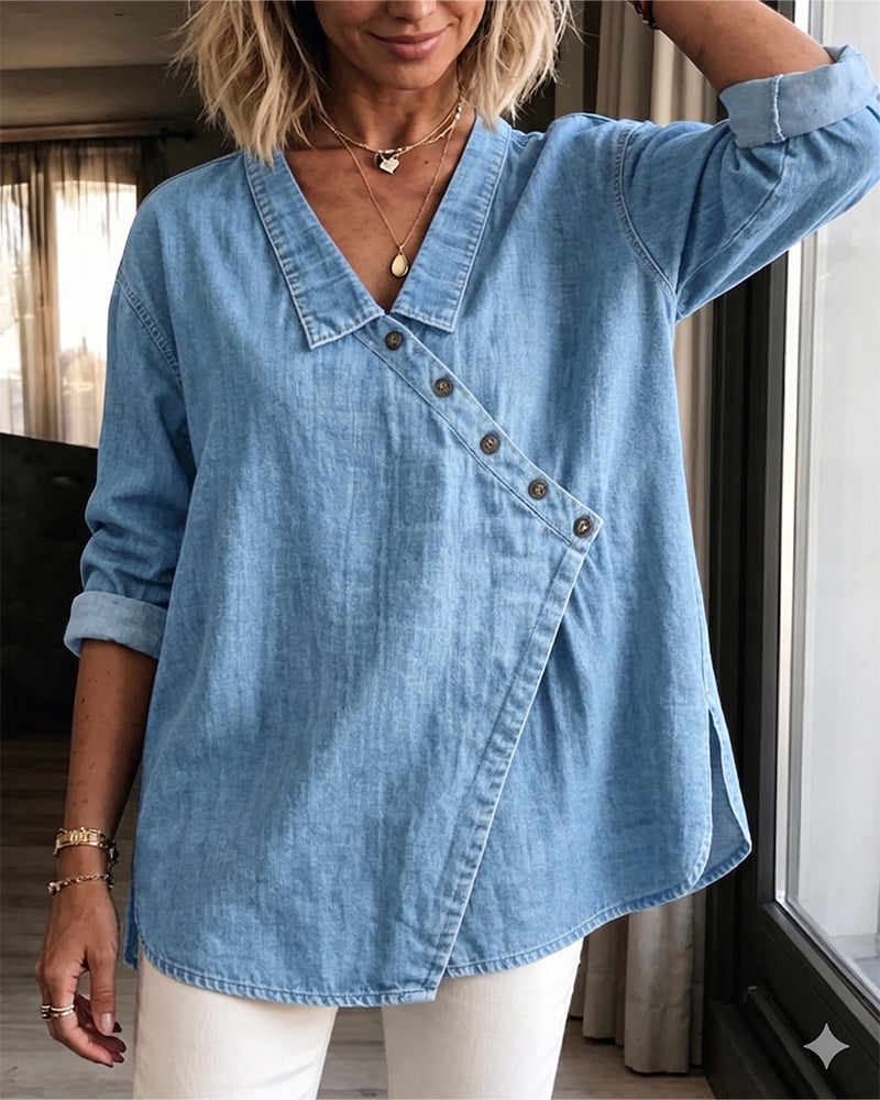 Blouse Unie Bouton Diagonal Col Manches Longues