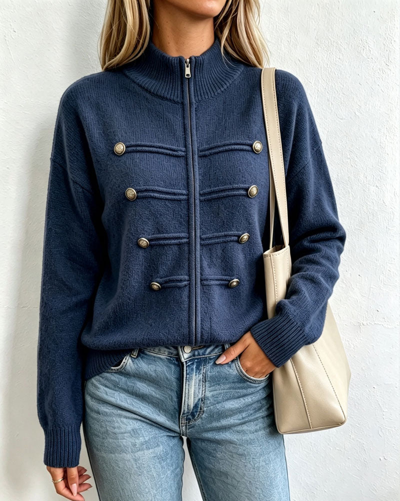 Cardigan Col Mandarin Mode Fermeture Éclair Tricoté