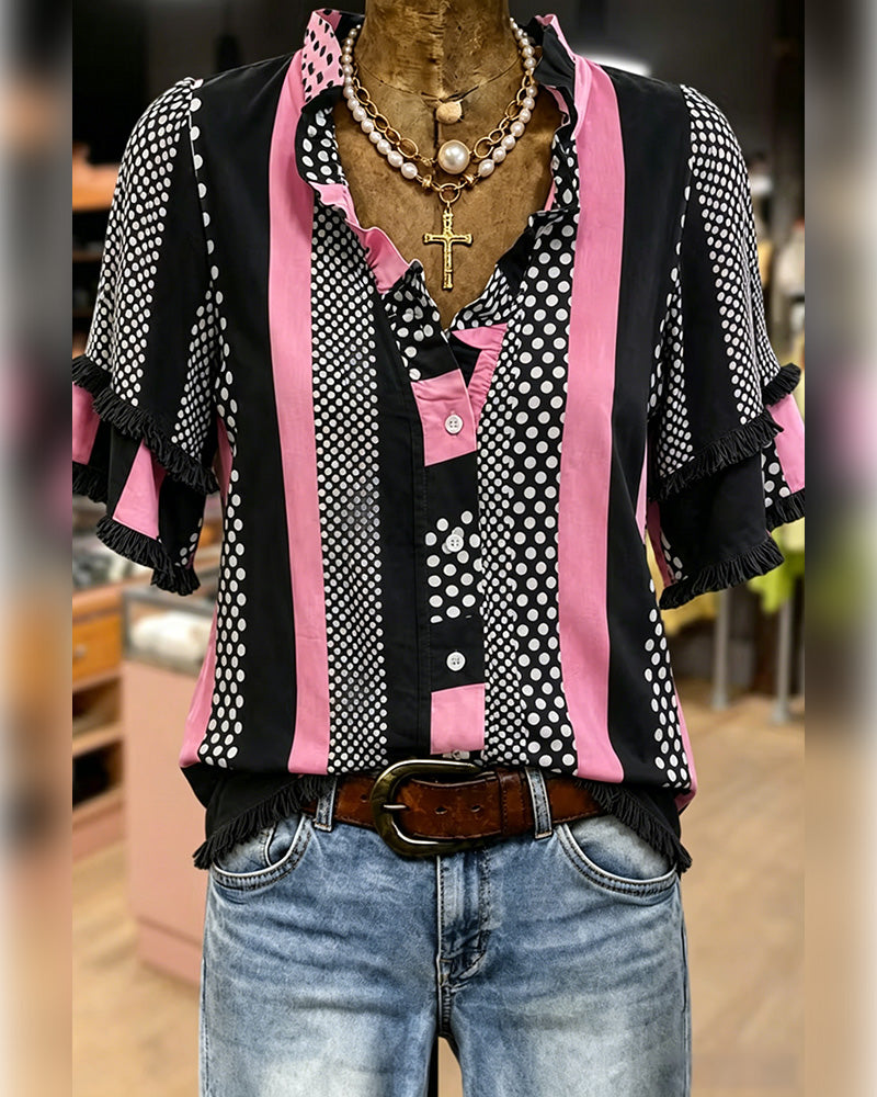 Chemise Pois Contraste Patchwork Volant