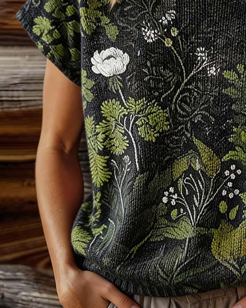 T-Shirt Col Rond Tricot Imprimé Court
