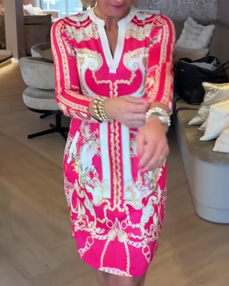 Robe Encolure V Manche Trois-Quarts Imprimé Droite