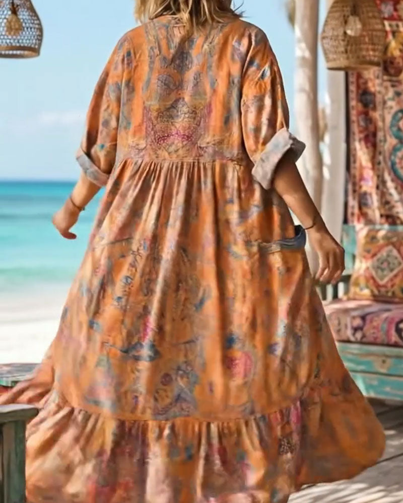 Robe Rétro Imprimé Fleuri Col V Maxi