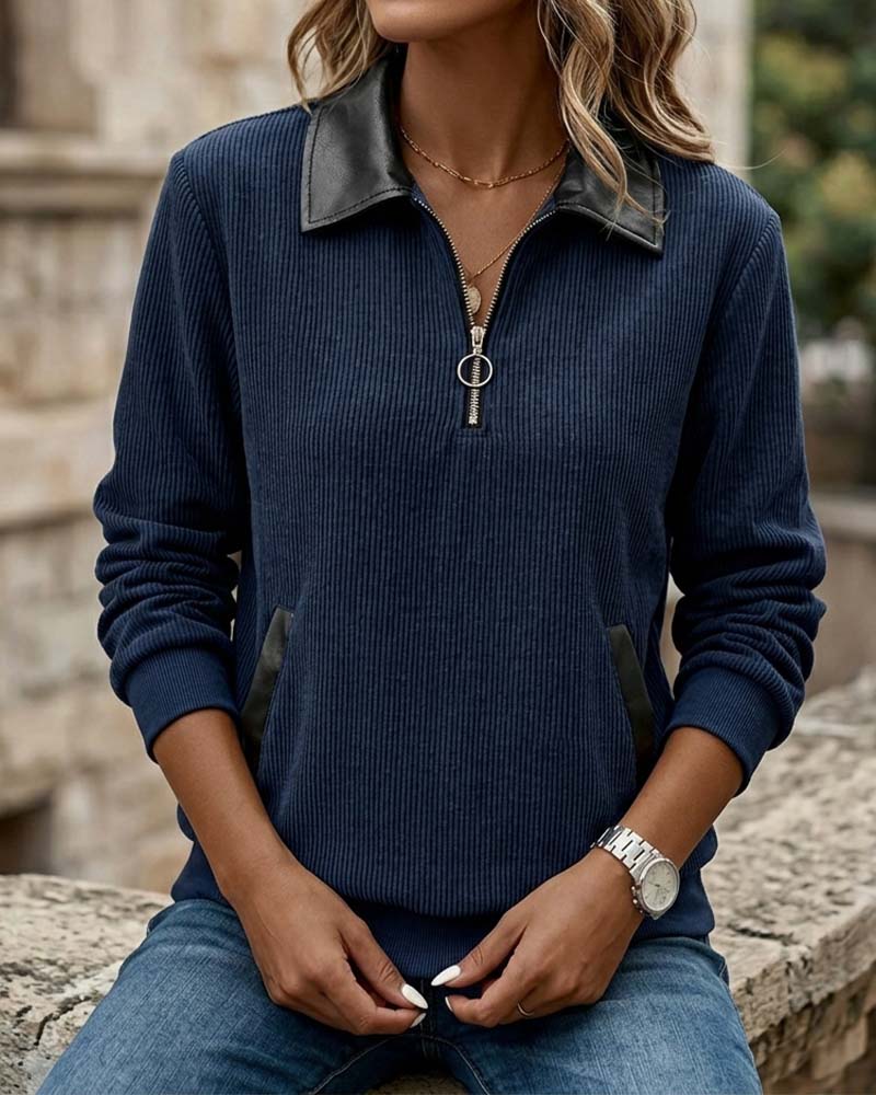 Sweatshirt Revers Fermeture Éclair Manche Longue