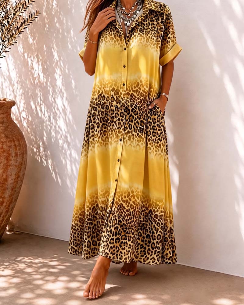 Robe Col Léopard Imprimé Gradient Chemise