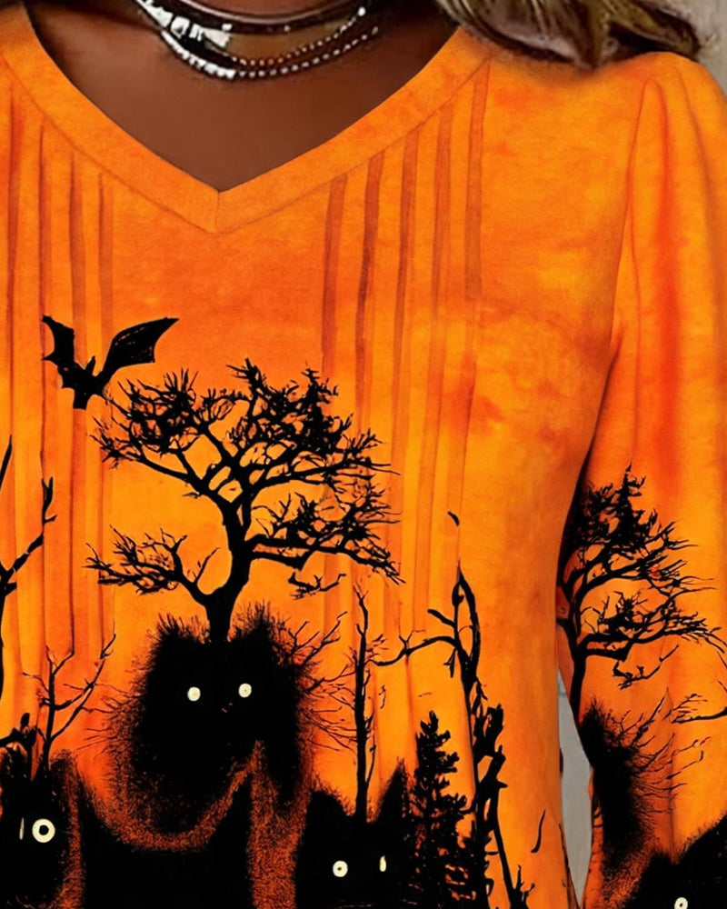 Haut V-Encolure Froncé Halloween Manches Longues