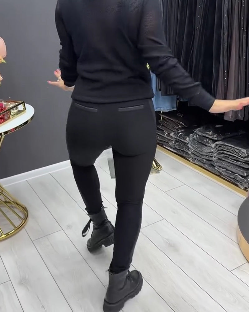 Legging PU Patchwork Fermeture Éclair Orné