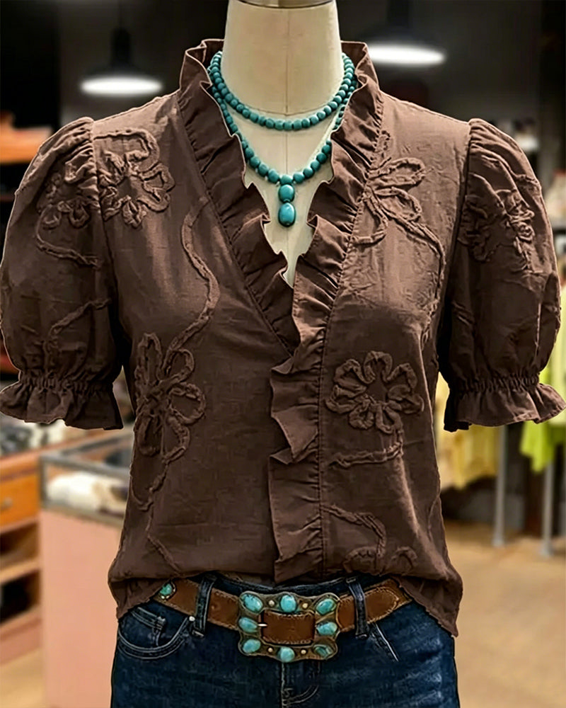 Blouse Col En V Bordure Volantée Manche Bouffante