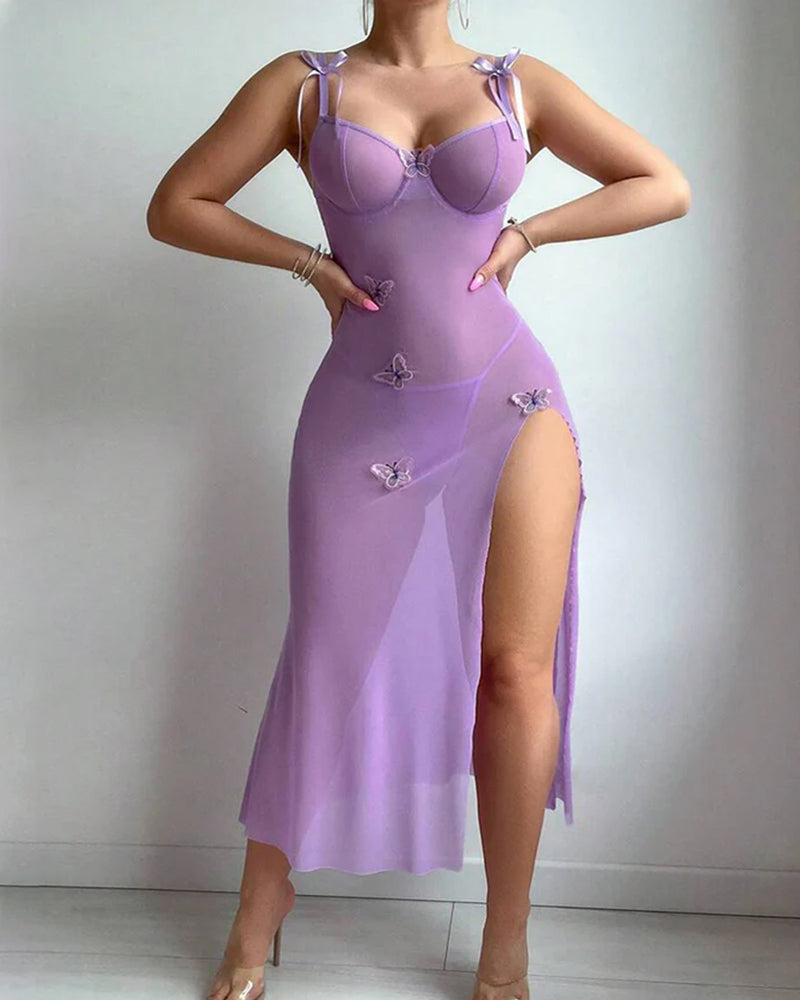 Robe En Mesh À Papillons, Fente Haute Et Bretelles