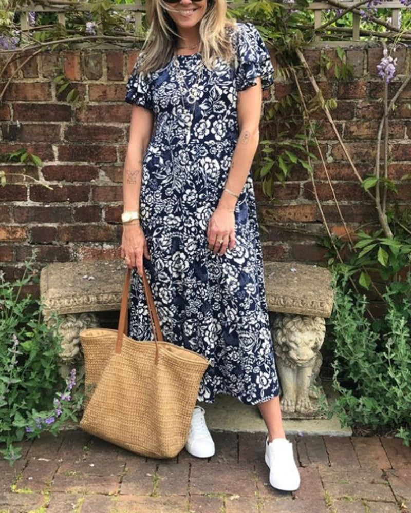 Robe longue à manches courtes imprimée de fleurs