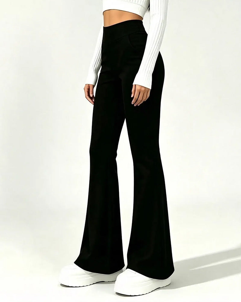 Pantalon Taille Haute Casual Polaire Évasé