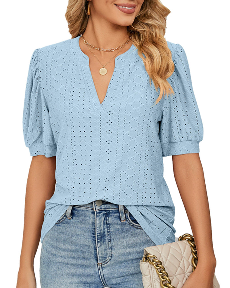 Blouses Col En V Uni Ajouré Manche Bouffante