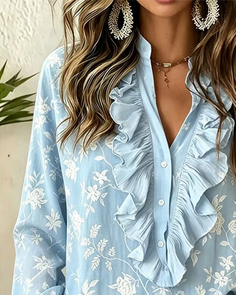 Blouse Bouton Devant Volant Col En V Manches Ballon